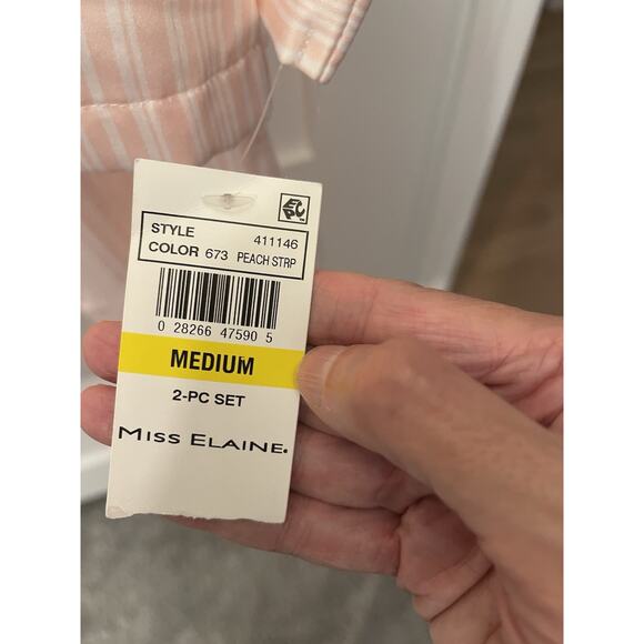 NWT Miss Elaine Pajamas Set Women’s Medium Peach Stripe Shirt Pants Satin 2 Pc - Picture 5 of 5